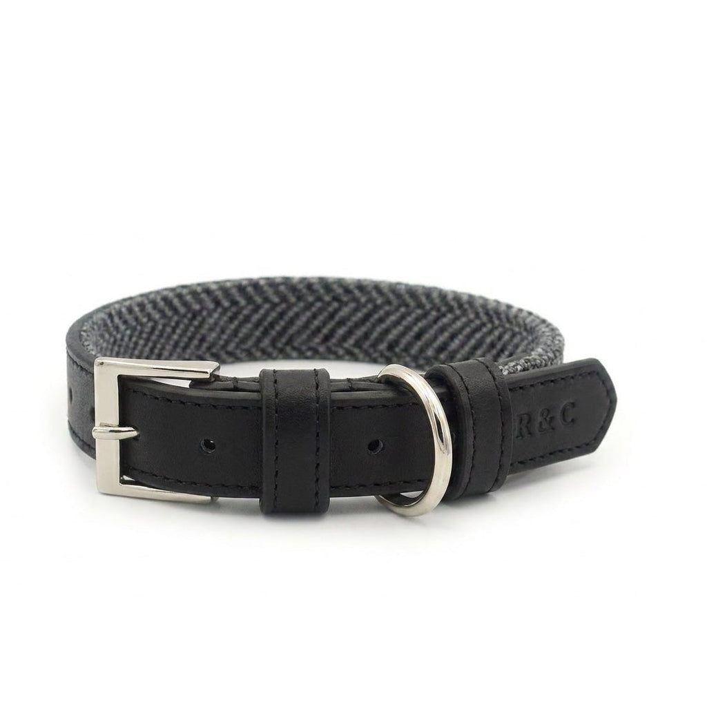 THE BALMORAL | LUXURY GREY HERRINGBONE & LEATHER DOG COLLAR